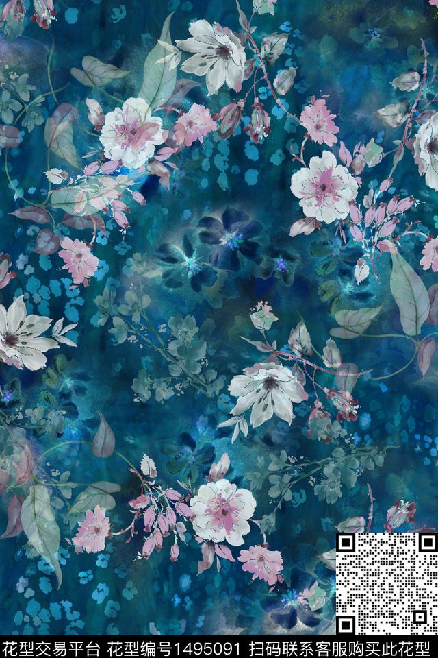 抽象花卉水墨风女装数码印花华亿平台下载（图片编号: 1495091） - 瓦栏（Walan）