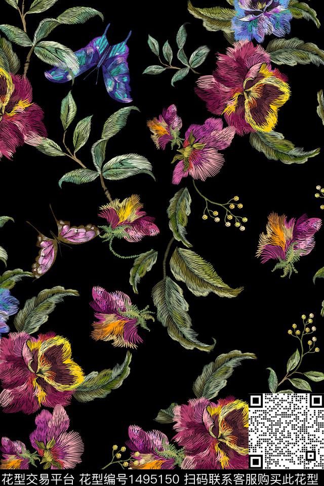 花卉小清新真丝数码印花华亿平台下载（图片编号: 1495150） - 瓦栏（Walan）