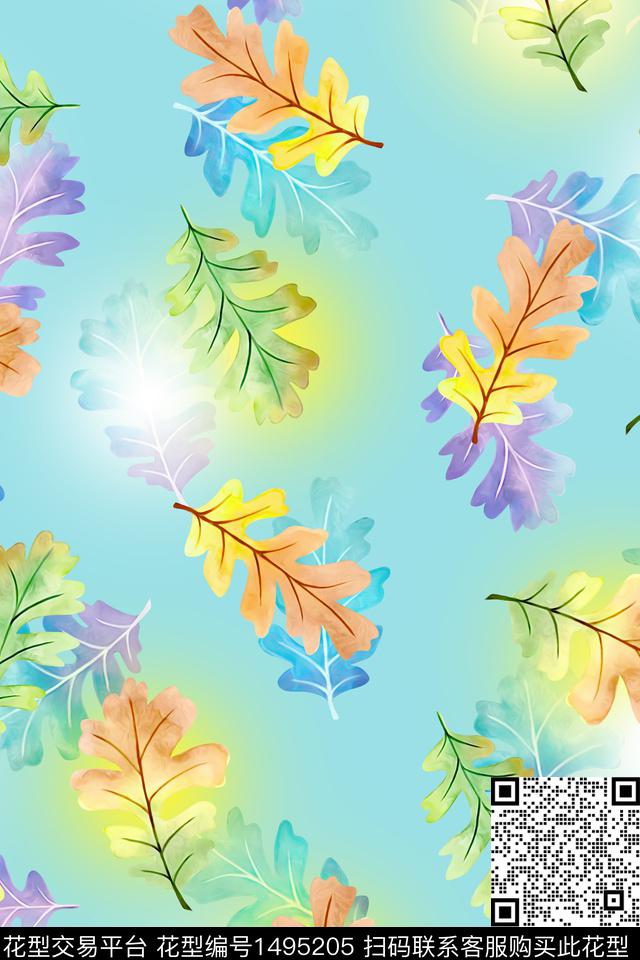 绿植树叶小清新真丝数码印花华亿平台下载（图片编号: 1495205） - 瓦栏（Walan）