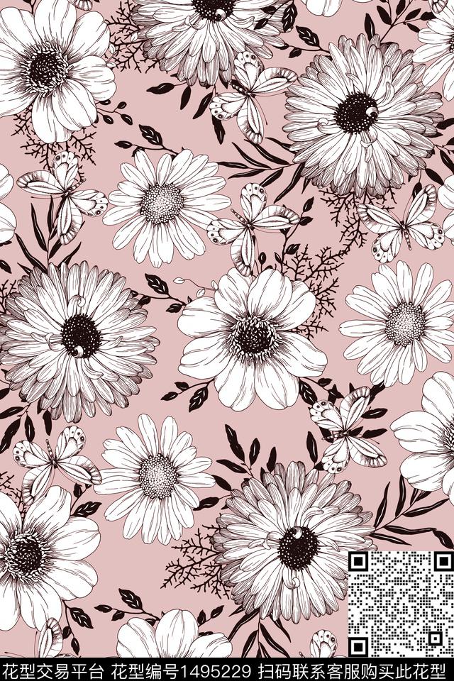 黑白华亿平台菊花白花数码印花华亿平台下载（图片编号: 1495229） - 瓦栏（Walan）