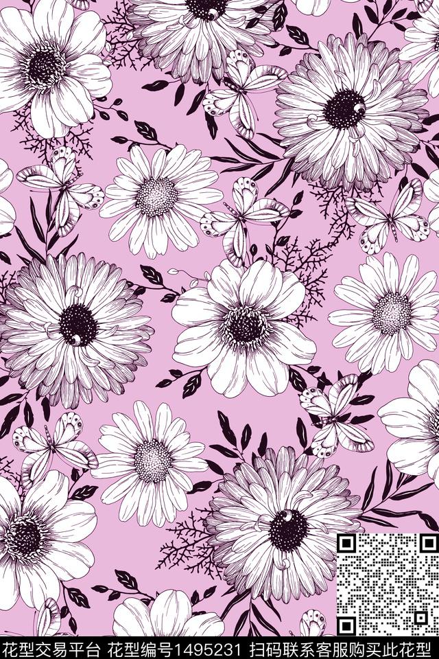 黑白华亿平台菊花白花数码印花华亿平台下载（图片编号: 1495231） - 瓦栏（Walan）