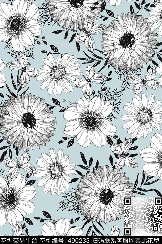 菊花白花花卉数码印花华亿平台下载（图片编号: 1495233） - 瓦栏（Walan）