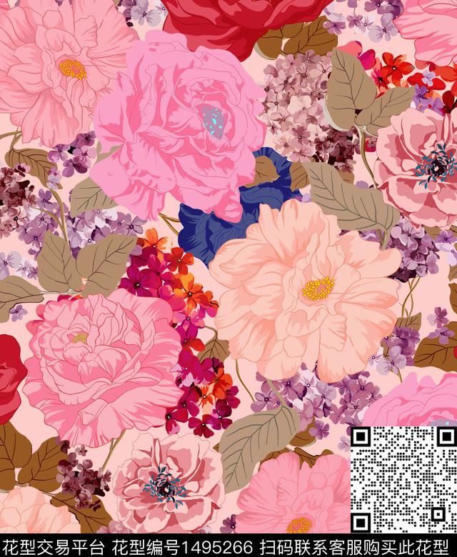 手绘大花清爽底花卉小碎花数码印花华亿平台下载（图片编号: 1495266） - 瓦栏（Walan）