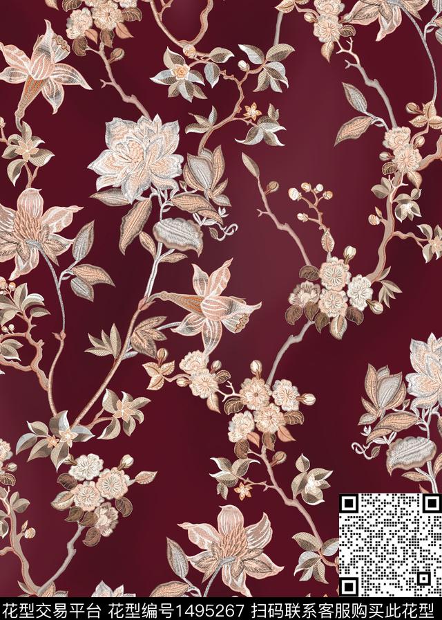 连衣裙素雅花纹数码印花华亿平台下载（图片编号: 1495267） - 瓦栏（Walan）