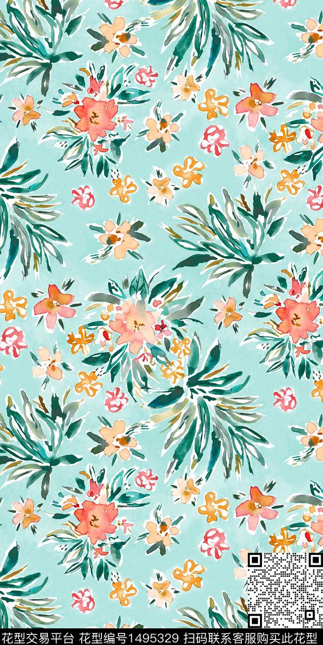水彩绿植树叶花卉数码印花华亿平台下载（图片编号: 1495329） - 瓦栏（Walan）