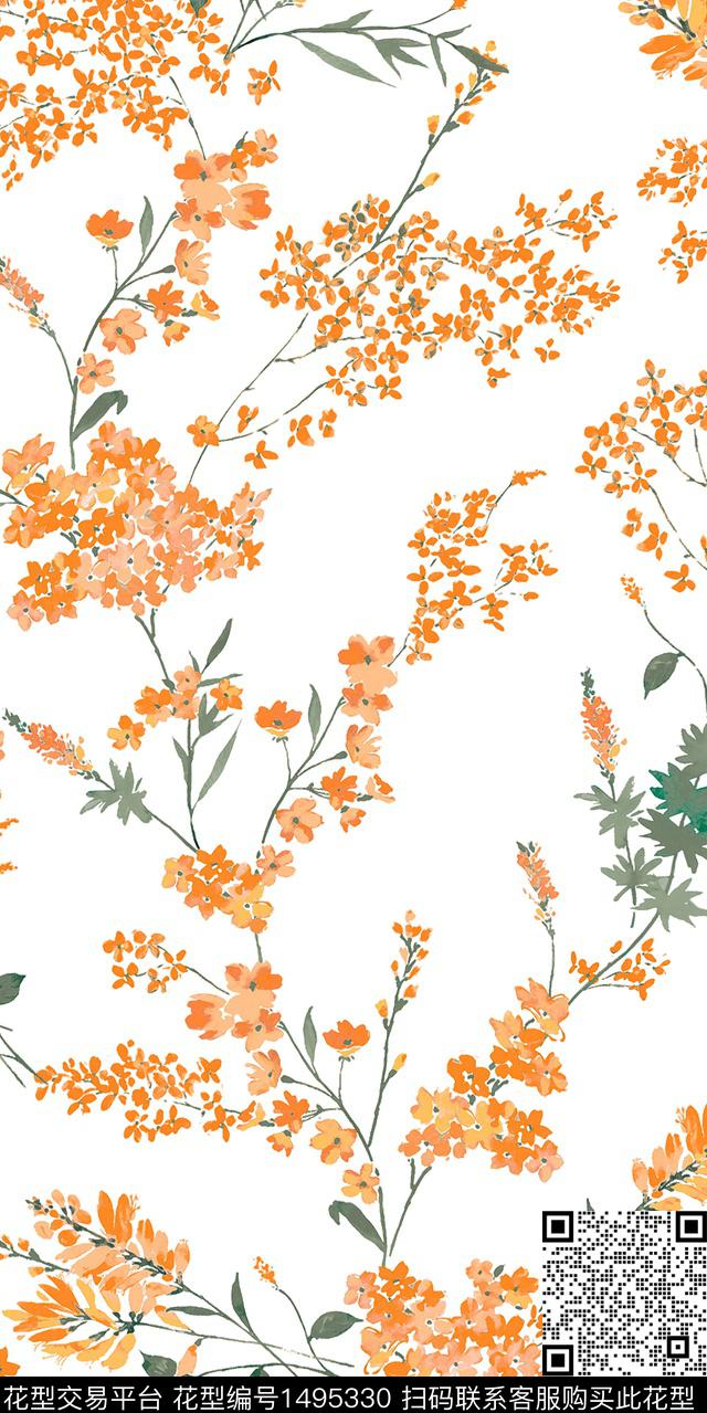 水彩绿植树叶花卉数码印花华亿平台下载（图片编号: 1495330） - 瓦栏（Walan）