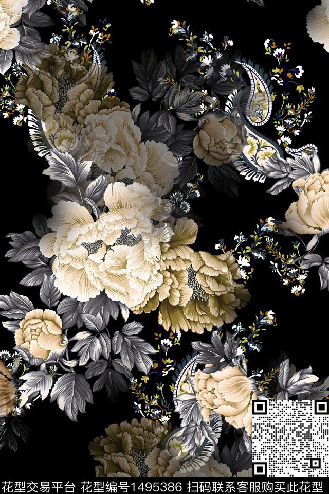 黑底花卉花卉大牌风数码印花华亿平台下载（图片编号: 1495386） - 瓦栏（Walan）