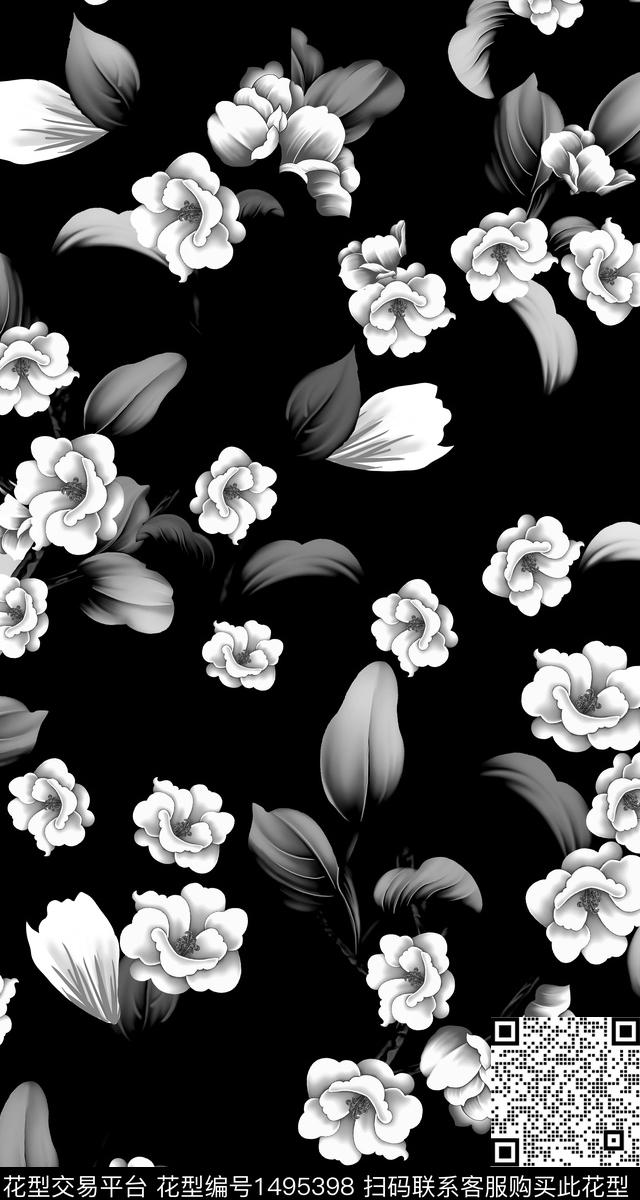 黑白华亿平台花卉真丝数码印花华亿平台下载（图片编号: 1495398） - 瓦栏（Walan）