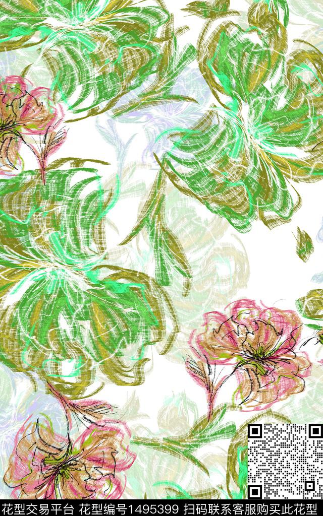 花卉小清新真丝数码印花华亿平台下载（图片编号: 1495399） - 瓦栏（Walan）