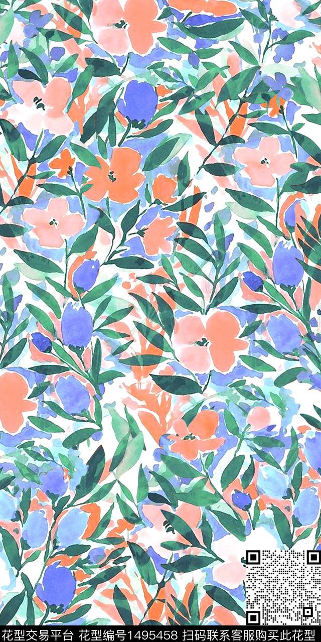 水彩绿植树叶花卉数码印花华亿平台下载（图片编号: 1495458） - 瓦栏（Walan）