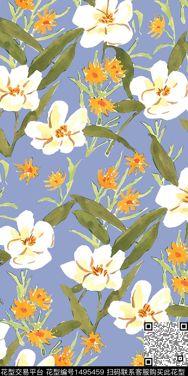 水彩绿植树叶花卉数码印花华亿平台下载（图片编号: 1495459） - 瓦栏（Walan）