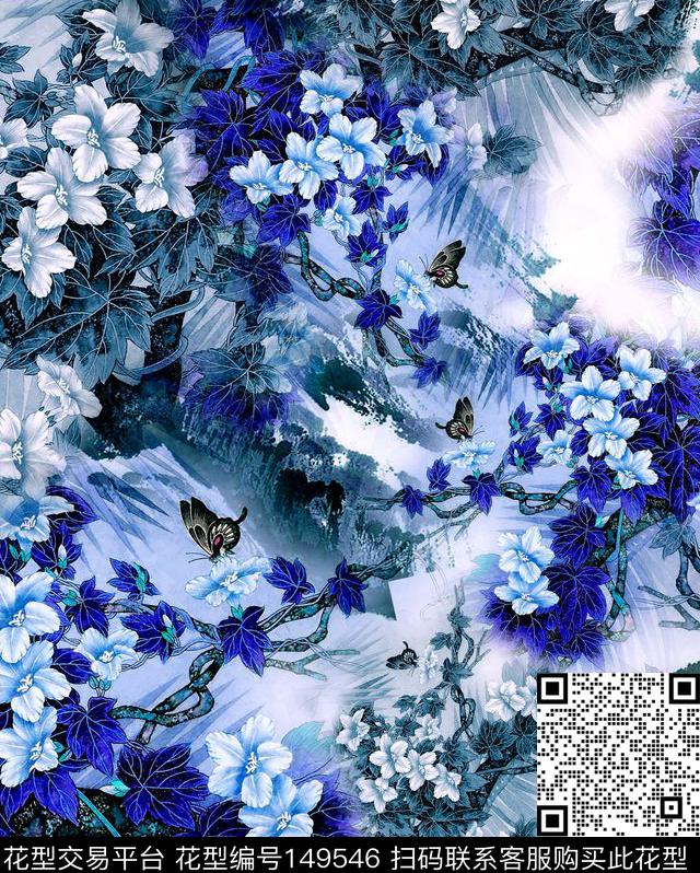 中国风工笔蓝色数码印花华亿平台下载（图片编号: 149546） - 瓦栏（Walan）