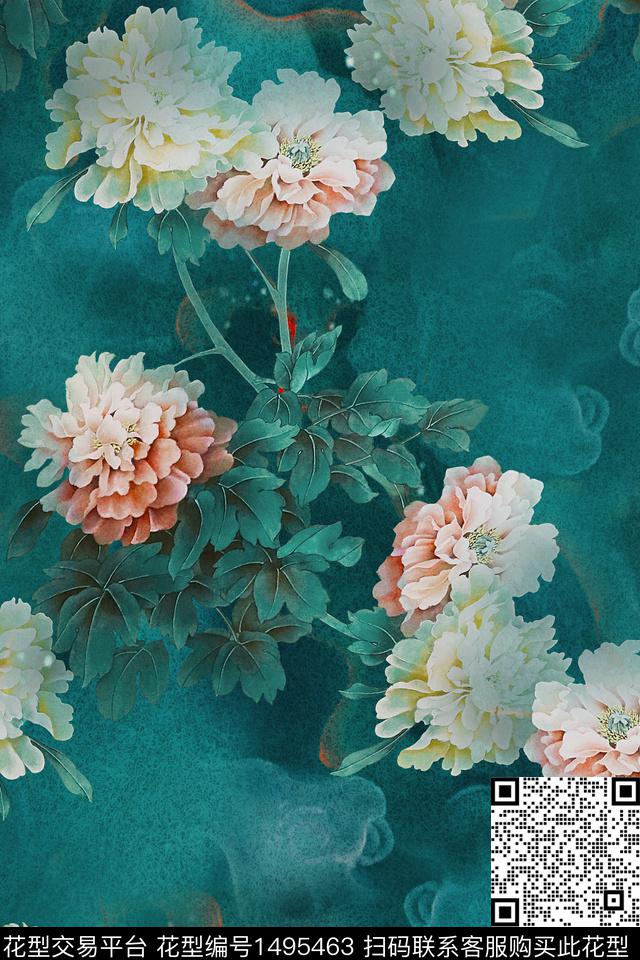 香云纱牡丹中国风数码印花华亿平台下载（图片编号: 1495463） - 瓦栏（Walan）