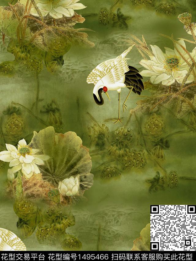 荷花仙鹤香云纱数码印花华亿平台下载（图片编号: 1495466） - 瓦栏（Walan）