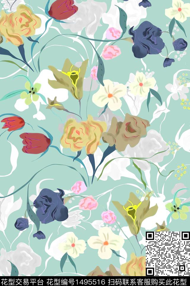 花卉大牌风小清新数码印花华亿平台下载（图片编号: 1495516） - 瓦栏（Walan）