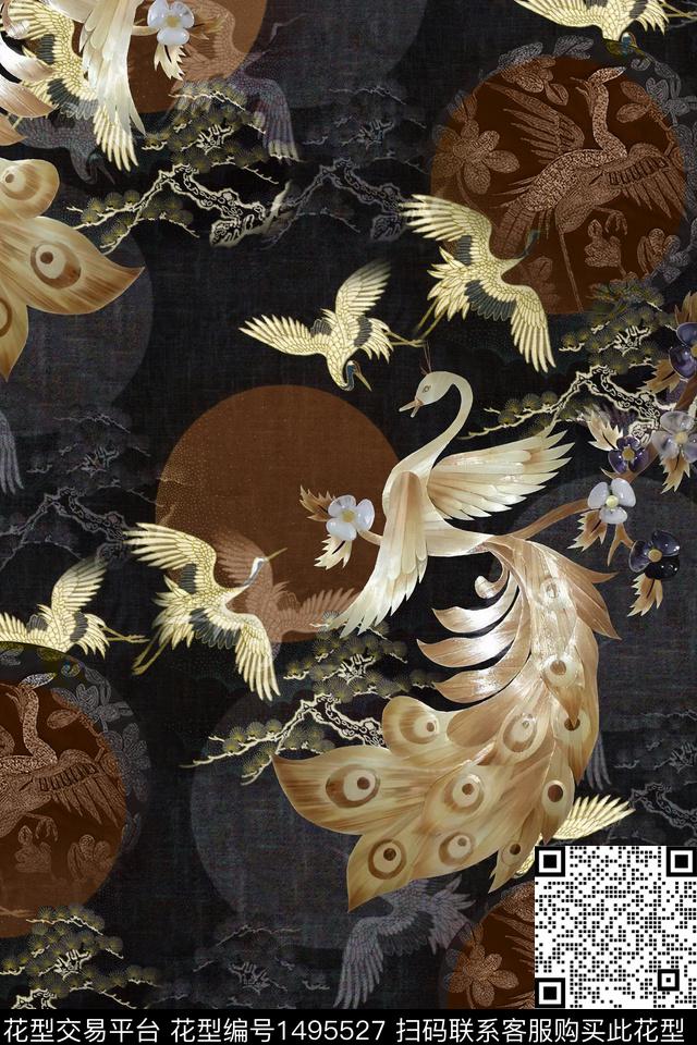 花卉香云纱中国风数码印花华亿平台下载（图片编号: 1495527） - 瓦栏（Walan）