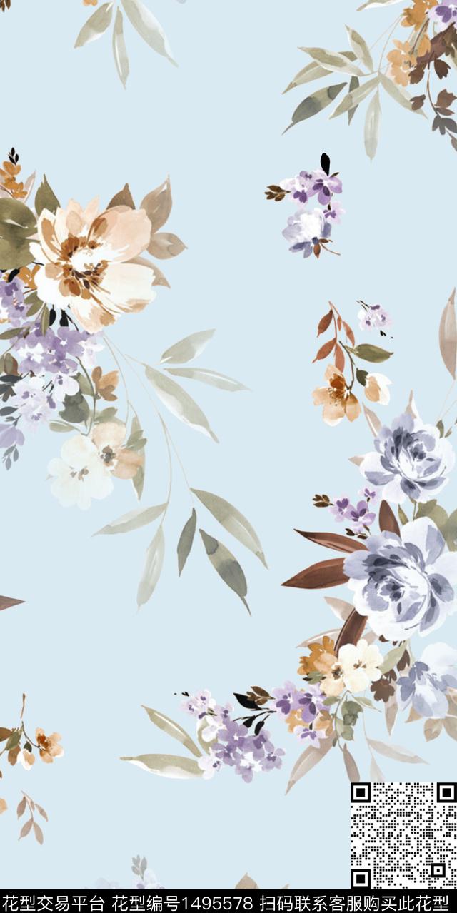 水彩绿植树叶花卉数码印花华亿平台下载（图片编号: 1495578） - 瓦栏（Walan）