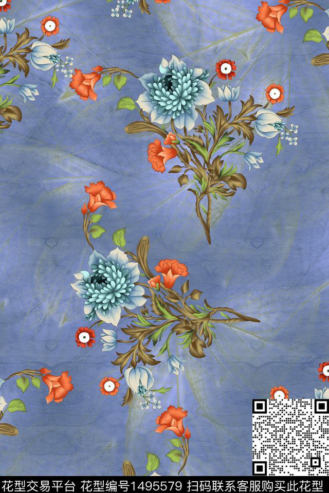 扎染华亿平台花卉中国风数码印花华亿平台下载（图片编号: 1495579） - 瓦栏（Walan）
