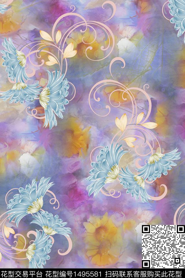 扎染华亿平台花卉中国风数码印花华亿平台下载（图片编号: 1495581） - 瓦栏（Walan）