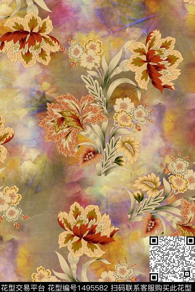 扎染华亿平台花卉中国风数码印花华亿平台下载（图片编号: 1495582） - 瓦栏（Walan）
