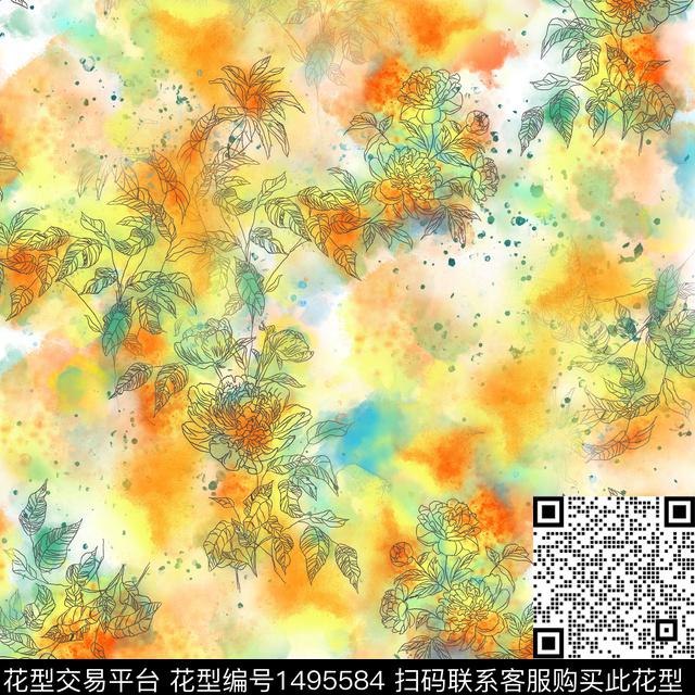 水彩线条扎染华亿平台数码印花华亿平台下载（图片编号: 1495584） - 瓦栏（Walan）