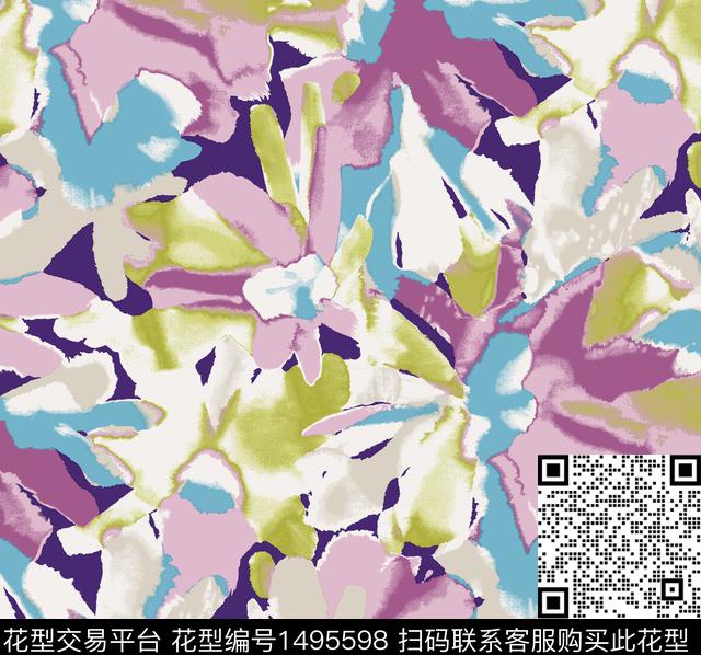 时尚水彩抽象花卉数码印花华亿平台下载（图片编号: 1495598） - 瓦栏（Walan）