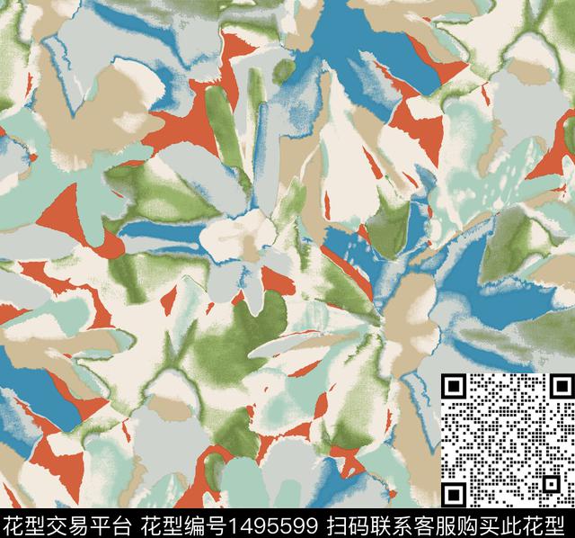 时尚水彩抽象花卉数码印花华亿平台下载（图片编号: 1495599） - 瓦栏（Walan）