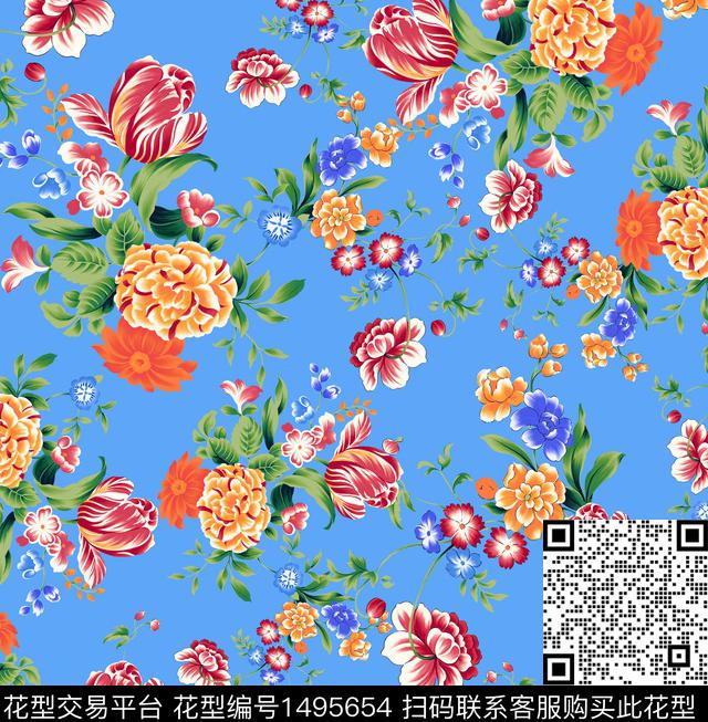 大牌风手绘玫瑰大花数码印花华亿平台下载（图片编号: 1495654） - 瓦栏（Walan）