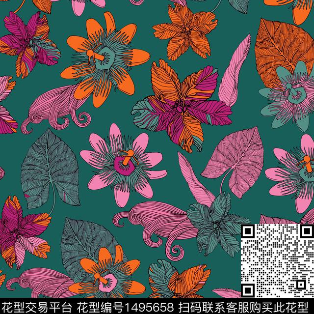 大牌风手绘玫瑰大花数码印花华亿平台下载（图片编号: 1495658） - 瓦栏（Walan）