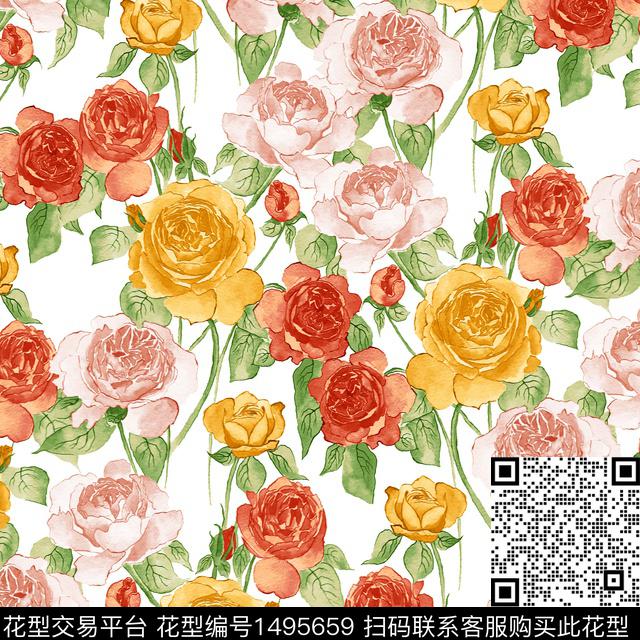 手绘玫瑰大花数码印花华亿平台下载（图片编号: 1495659） - 瓦栏（Walan）