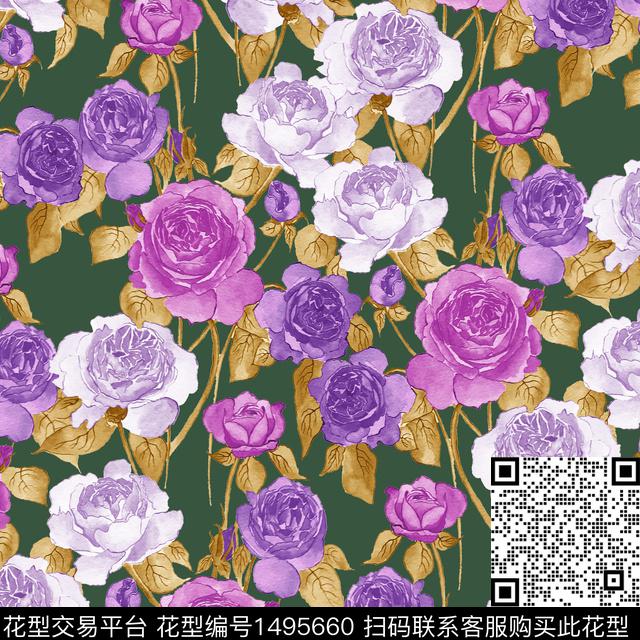 大牌风手绘玫瑰大花数码印花华亿平台下载（图片编号: 1495660） - 瓦栏（Walan）