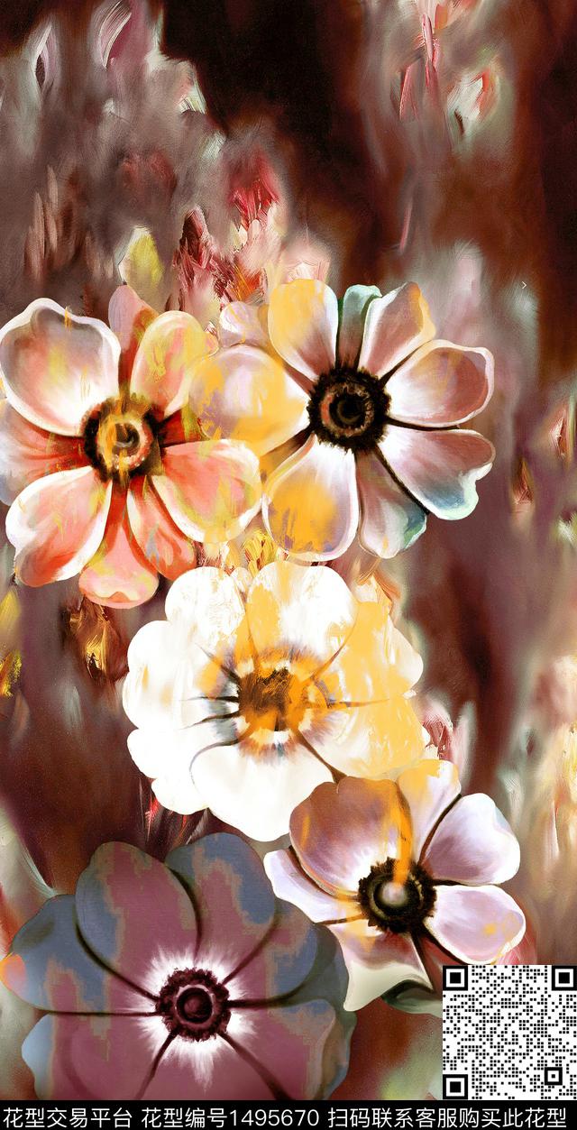 女装定位花手绘花卉大花数码印花华亿平台下载（图片编号: 1495670） - 瓦栏（Walan）