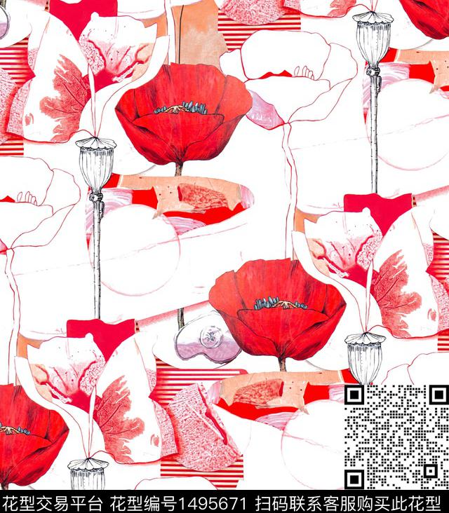 玉兰花几何花卉虞美人数码印花华亿平台下载（图片编号: 1495671） - 瓦栏（Walan）