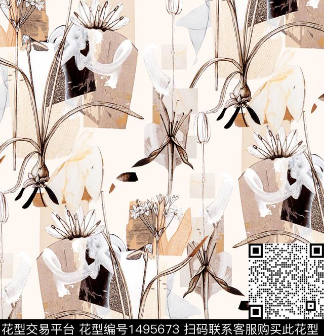 玉兰花几何花卉虞美人数码印花华亿平台下载（图片编号: 1495673） - 瓦栏（Walan）