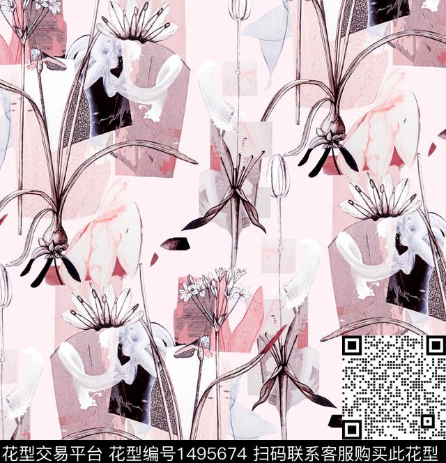 玉兰花几何花卉虞美人数码印花华亿平台下载（图片编号: 1495674） - 瓦栏（Walan）