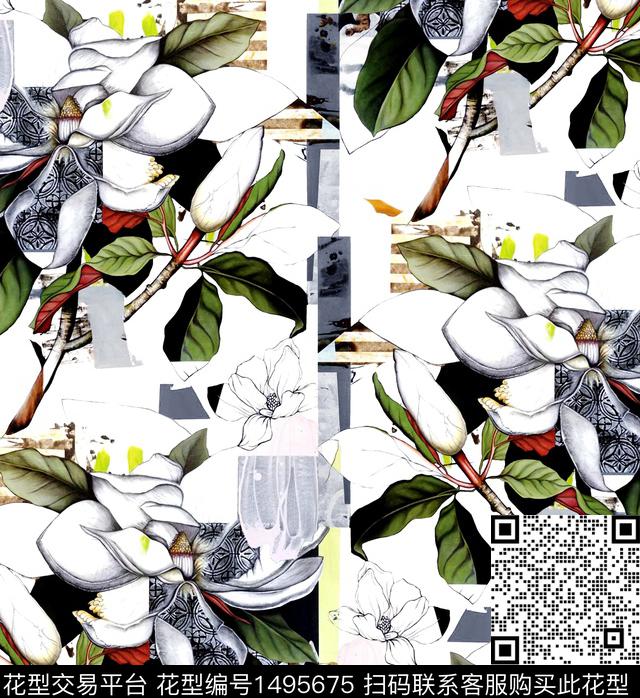玉兰花几何花卉虞美人数码印花华亿平台下载（图片编号: 1495675） - 瓦栏（Walan）