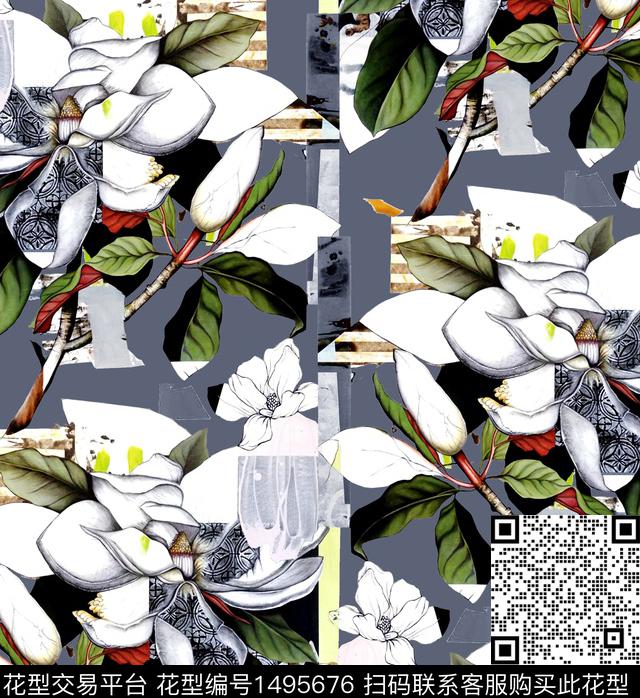 玉兰花几何花卉虞美人数码印花华亿平台下载（图片编号: 1495676） - 瓦栏（Walan）