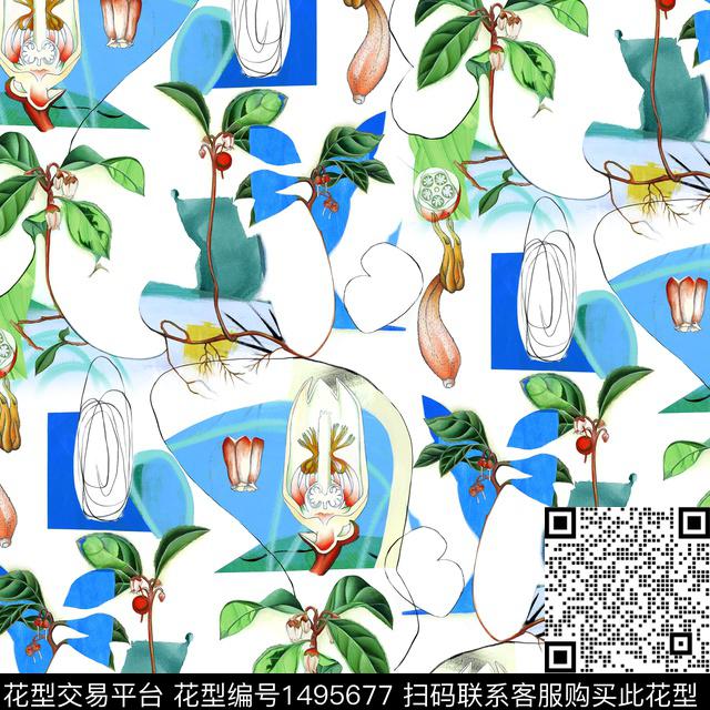 玉兰花几何花卉虞美人数码印花华亿平台下载（图片编号: 1495677） - 瓦栏（Walan）