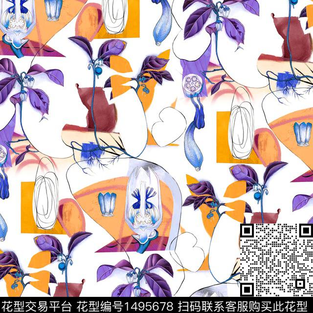 玉兰花几何花卉虞美人数码印花华亿平台下载（图片编号: 1495678） - 瓦栏（Walan）