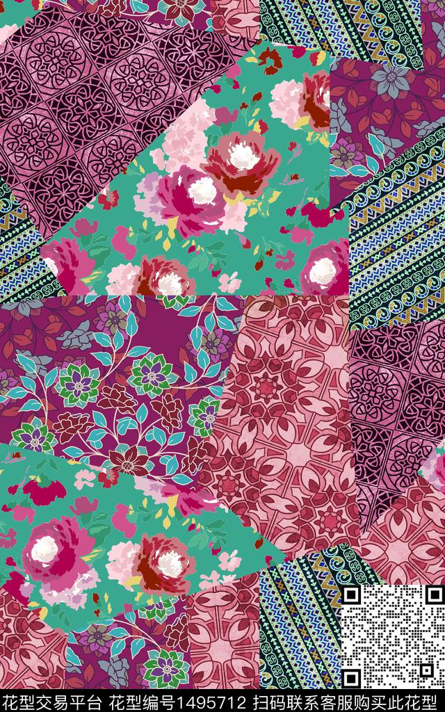 民族风花卉香云纱数码印花华亿平台下载（图片编号: 1495712） - 瓦栏（Walan）