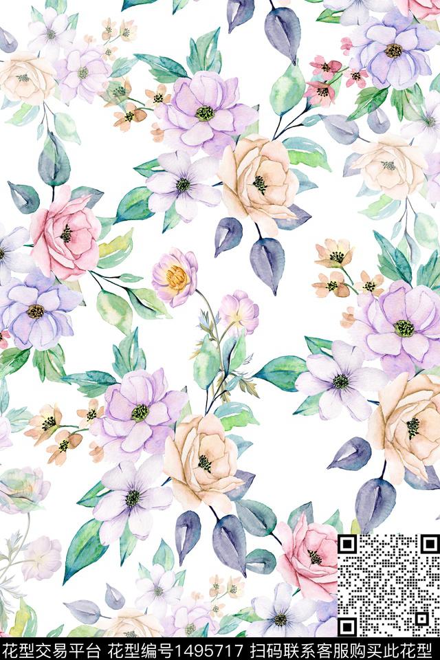 花卉小清新真丝数码印花华亿平台下载（图片编号: 1495717） - 瓦栏（Walan）