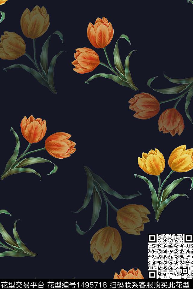 花卉大牌风真丝数码印花华亿平台下载（图片编号: 1495718） - 瓦栏（Walan）