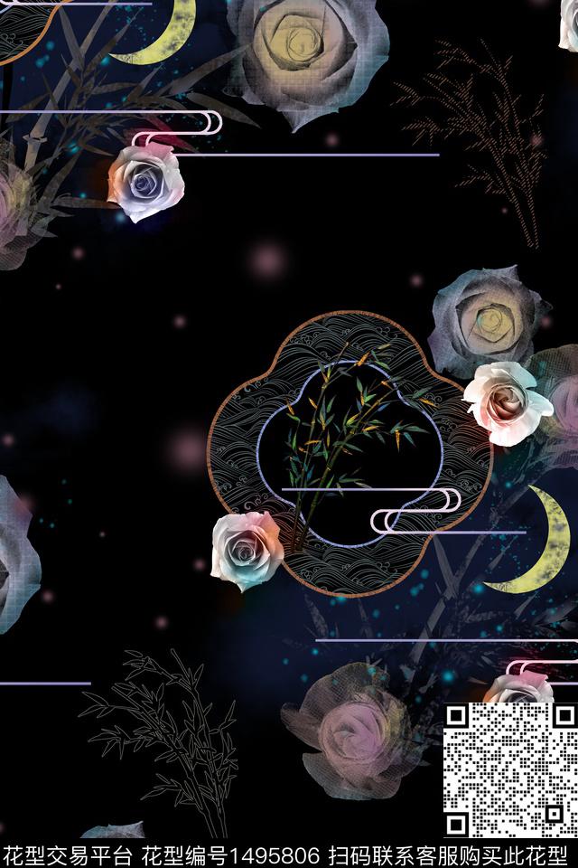 黑底花卉旗袍竹子数码印花华亿平台下载（图片编号: 1495806） - 瓦栏（Walan）