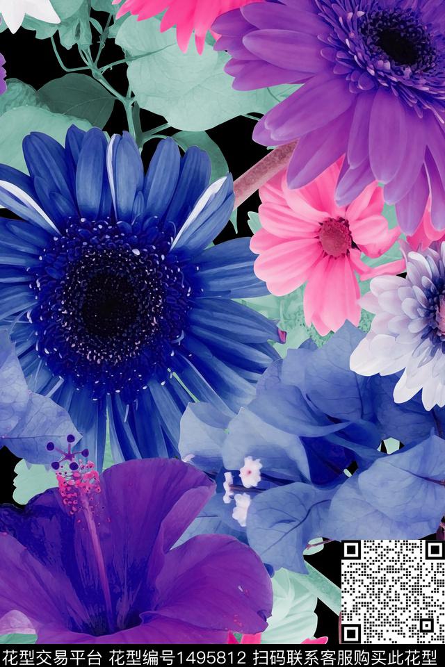 花卉大花配饰数码印花华亿平台下载（图片编号: 1495812） - 瓦栏（Walan）