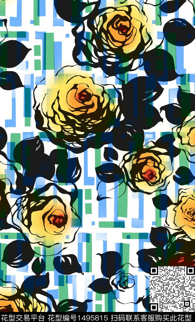 复古抽象大花几何方块数码印花华亿平台下载（图片编号: 1495815） - 瓦栏（Walan）