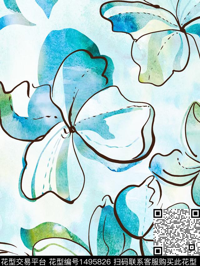线条花卉水彩花卉手绘大花数码印花华亿平台下载（图片编号: 1495826） - 瓦栏（Walan）