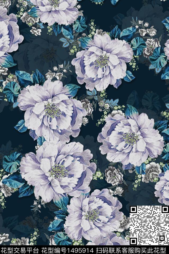 香云纱牡丹小碎花数码印花华亿平台下载（图片编号: 1495914） - 瓦栏（Walan）