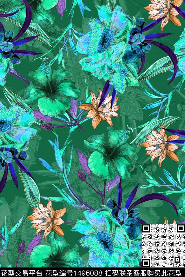田园扎染华亿平台花卉数码印花华亿平台下载（图片编号: 1496088） - 瓦栏（Walan）