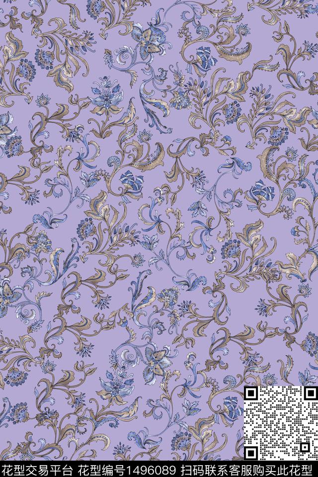 复古花卉大牌风数码印花华亿平台下载（图片编号: 1496089） - 瓦栏（Walan）