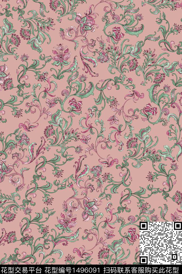 复古花卉大牌风数码印花华亿平台下载（图片编号: 1496091） - 瓦栏（Walan）